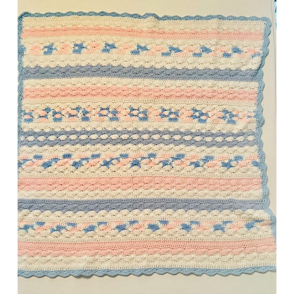 Hand Crochet Sampler baby blanket blue white pink scallop edges 36 inch